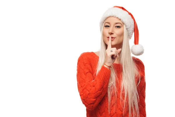 Chockad Jul Kvinna Santa Hatt Visar Tystnad Tecken Isolerade Vit — Stockfoto