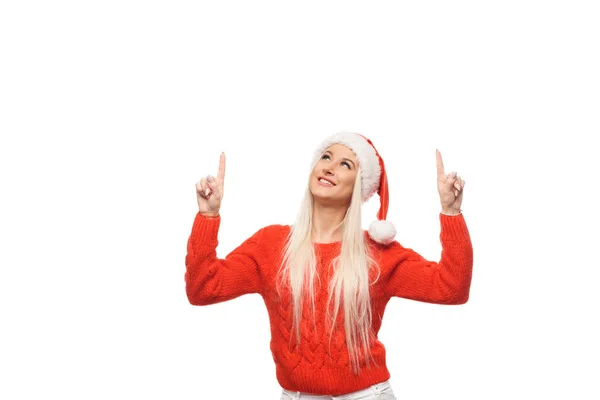 Christmas Woman Santa Hat Shows Hands Blank Empty Billboard Space — Stock Photo, Image