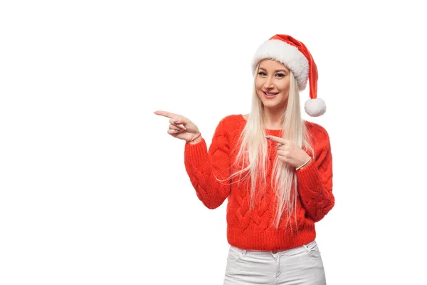 Kerst Vrouw Kerstmuts Vertoont Aan Linker Leeg Leeg Reclamebord Ruimte — Stockfoto