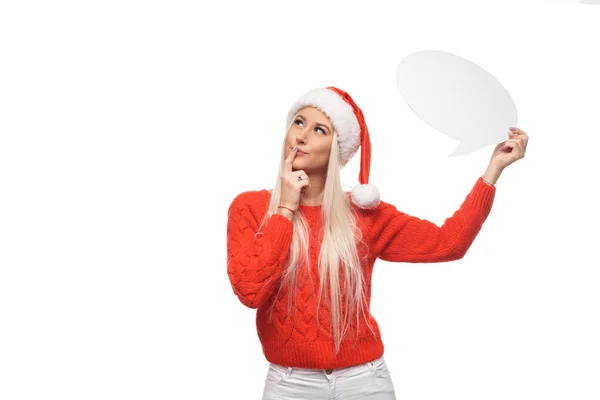 Porträtt Förvånad Kvinna Jultomten Hatt Och Stickad Röd Tröja Håller — Stockfoto