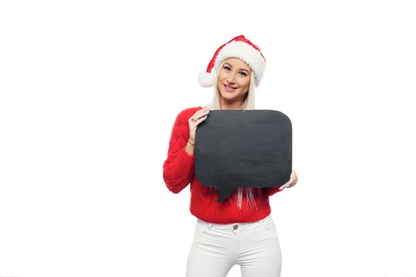 Χριστούγεννα Γυναίκα Πάνω Από Άδειο Μαύρο Πίνακα Κιμωλίας Κάρτα Φορώντας — Φωτογραφία Αρχείου