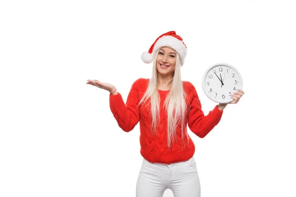 Sen Nyår Och Jul Shopping Tjej Med Stor Vägg Klocka — Stockfoto