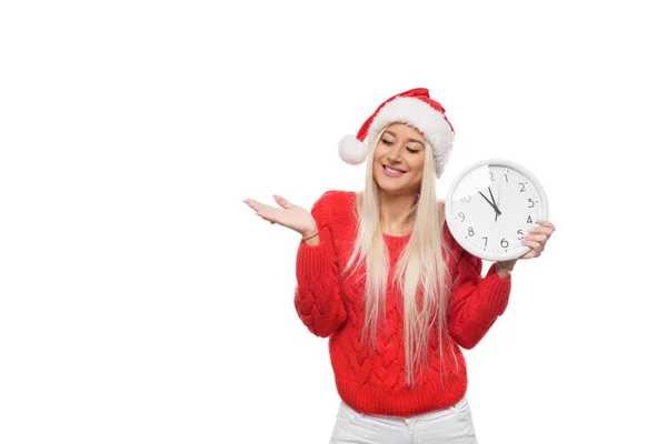 Laat Nieuwjaar Kerstmis Winkelen Meisje Met Grote Muur Klok Kerstman — Stockfoto