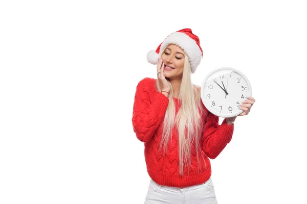 Laat Nieuwjaar Kerstmis Winkelen Meisje Met Grote Muur Klok Kerstman — Stockfoto