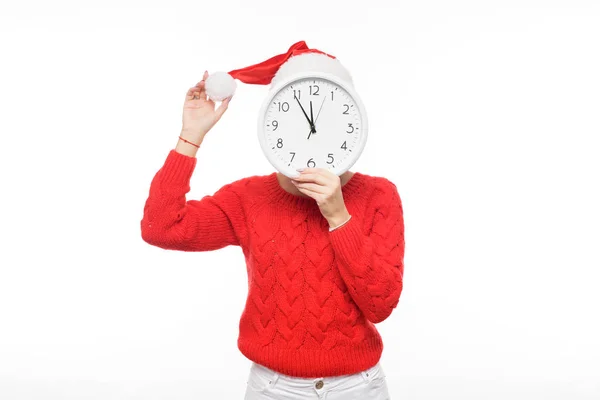 Late New Year Christmas Shopping Girl Big Wall Clock Santa — Stock Photo, Image