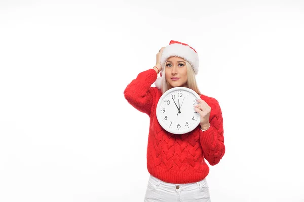 Laat Nieuwjaar Kerstmis Winkelen Meisje Met Grote Muur Klok Kerstman — Stockfoto