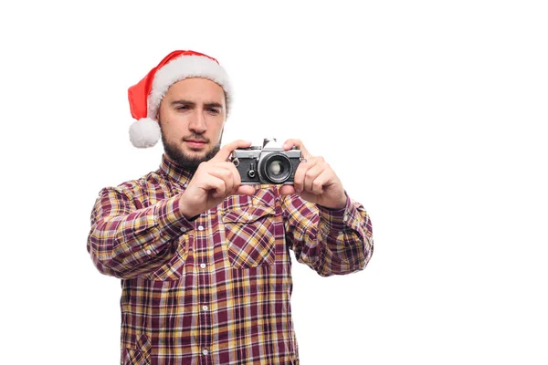 Studio Portret Van Bebaarde Man Dragen Kerstmuts Een Retro Camera — Stockfoto