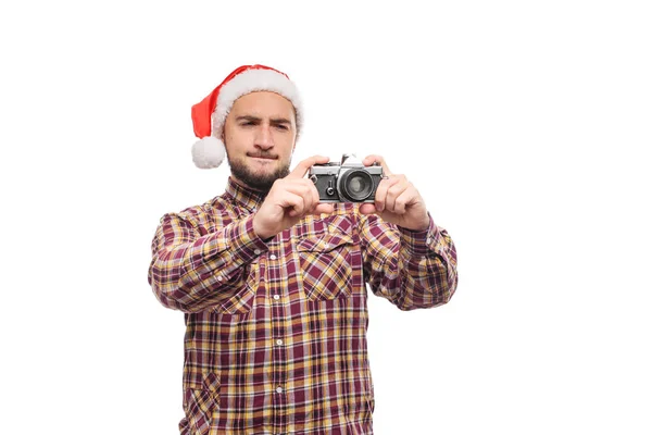 Studio Portret Van Bebaarde Man Dragen Kerstmuts Een Retro Camera — Stockfoto