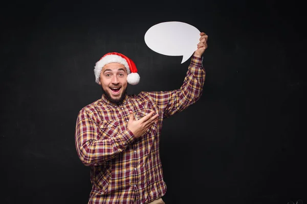 Legrační Vážný Muž Červeném Klobouku Vánoční Santa Obsahuje Prázdný Bílý — Stock fotografie