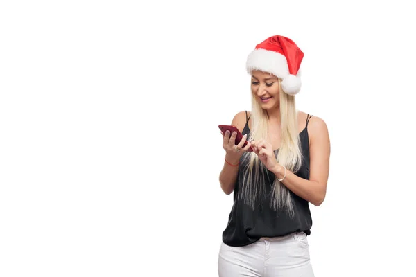 Leende Glada Blond Kvinna Svart Blus Och Christmas Santa Hat — Stockfoto