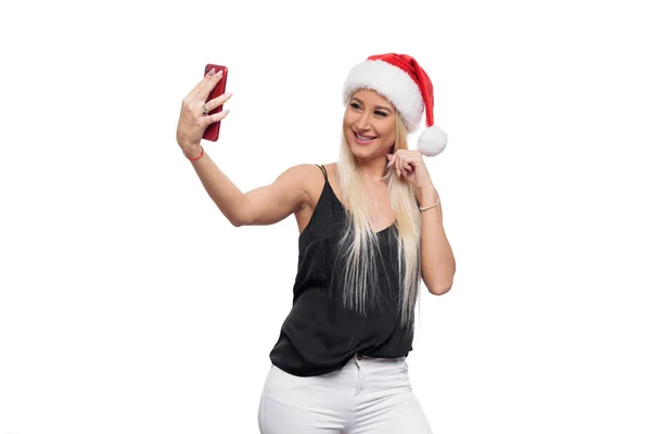 Leende Glada Blond Kvinna Svart Blus Och Christmas Isolerade Santa — Stockfoto