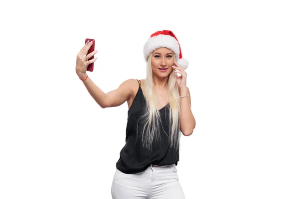 Usmíval Šťastný Blond Žena Černé Halence Vánoční Santa Čepice Udělat — Stock fotografie