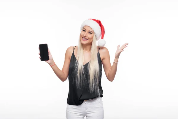 Здивована Блондинка Чорній Блузці Різдвяний Капелюх Санти Показує Палець Смартфоні — стокове фото