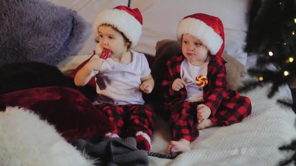 Små Barn Bror Och Syster Sitta Vardagsrummet Granen Santa Claus — Stockvideo