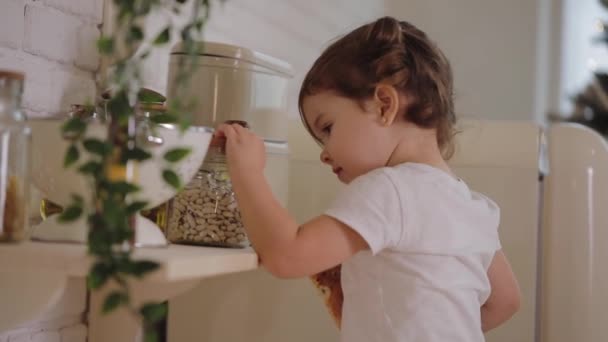 Мила Маленька Дівчинка Капелюсі Санта Готує Печиво Кухні Вдома Сидить — стокове відео