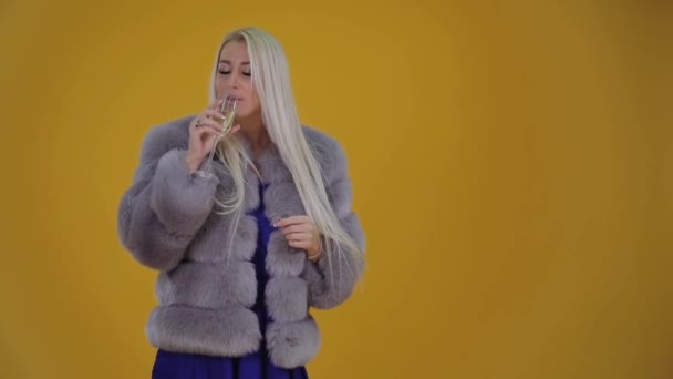 Femme Blonde Manteau Fourrure Robe Luxe Bleue Avec Verre Champagne — Video