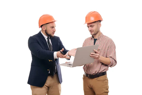 Portrait Two Builders Protective Orange Helmets Standing White Isolated Background — Stock Photo, Image