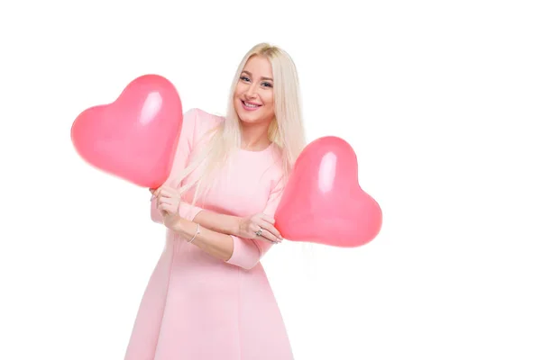 Mooie Jonge Blonde Vrouw Met Roze Hart Vorm Luchtballon Witte — Stockfoto