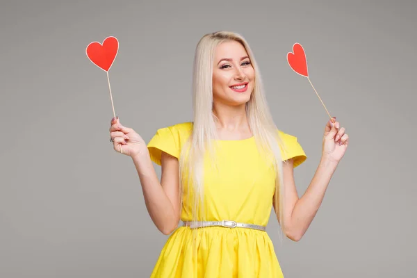 Aftelkalender Voor Valentijnsdag Schoonheid Jonge Blonde Model Meisje Met Valentijn — Stockfoto