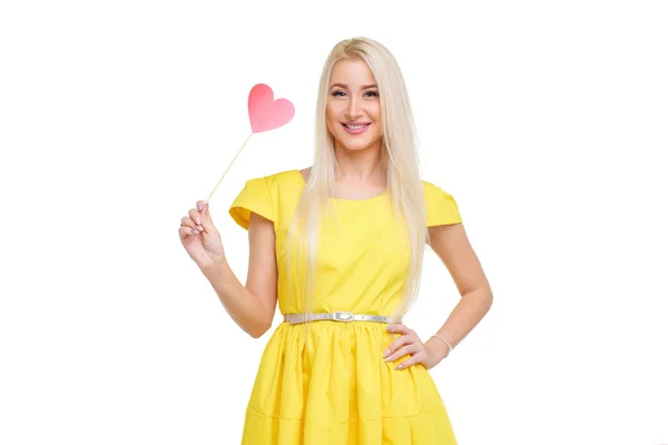 Aftelkalender Voor Valentijnsdag Jonge Blonde Vrouw Met Roze Hart Witte — Stockfoto