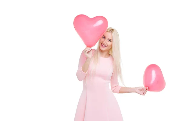 Mooie Jonge Blonde Vrouw Met Hart Vorm Roze Luchtballon Wit — Stockfoto