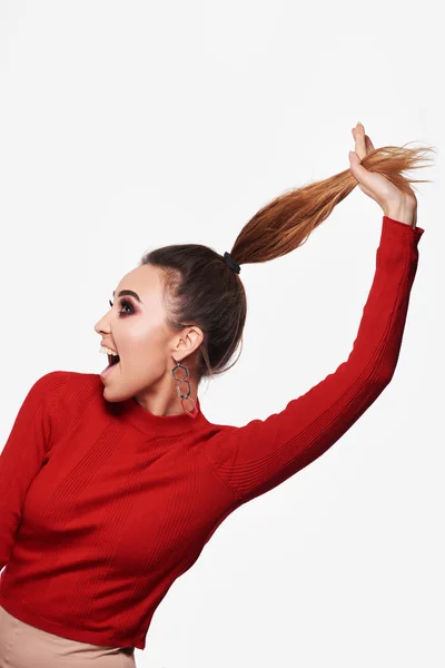 Happy Cheerful Young Woman Wearing Red Jacket Positive News Birthday — Stock Photo, Image