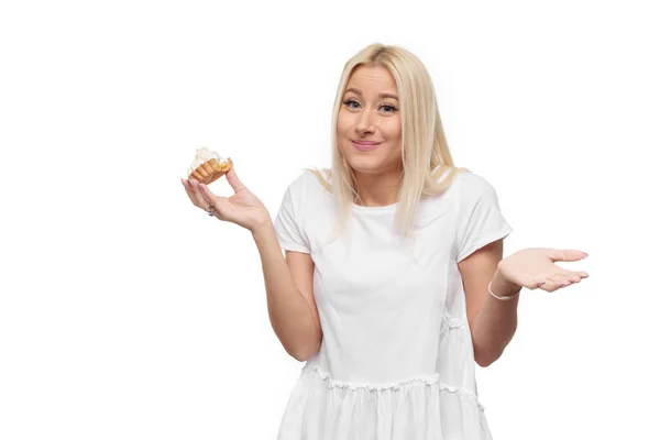 Strava Pojem Dieta Obrázek Krásné Blond Žena Bílém Ošacení Bílé — Stock fotografie