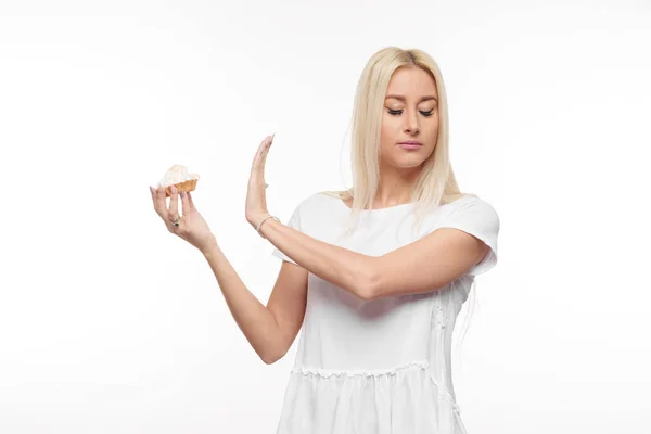 Dieta Conceito Dieta Comida Saudável Jovem Loira Mulher Shirt Branca — Fotografia de Stock