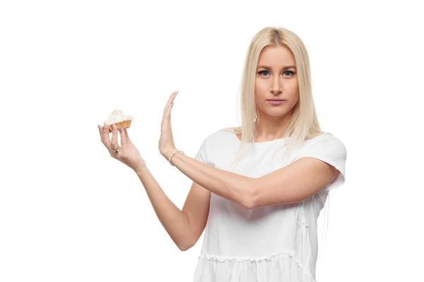 Dieta Conceito Dieta Comida Saudável Jovem Loira Mulher Shirt Branca — Fotografia de Stock