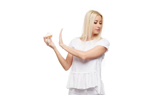 Dieta Conceito Dieta Comida Saudável Jovem Loira Mulher Shirt Branca — Fotografia de Stock