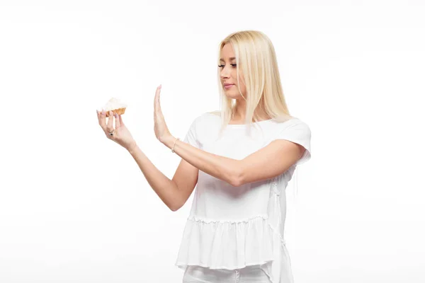 Dieta Conceito Dieta Comida Saudável Jovem Loira Mulher Shirt Branca — Fotografia de Stock