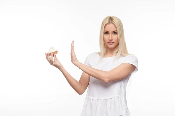 Dieta Conceito Dieta Comida Saudável Jovem Loira Mulher Shirt Branca — Fotografia de Stock