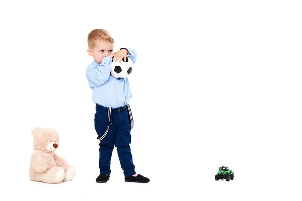 Ein Süßer Kleiner Junge Blauen Hemd Das Konzept Von Werbeartikeln — Stockfoto