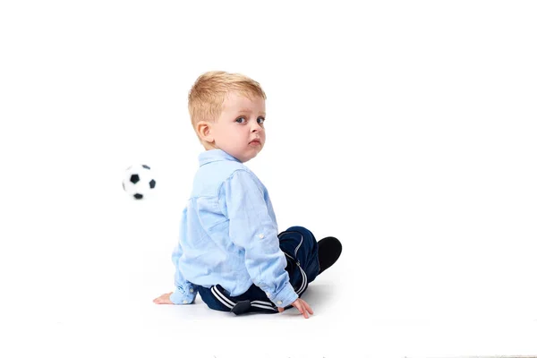 Niño Lindo Con Una Camisa Azul Concepto Bienes Promocionales Inscripciones —  Fotos de Stock