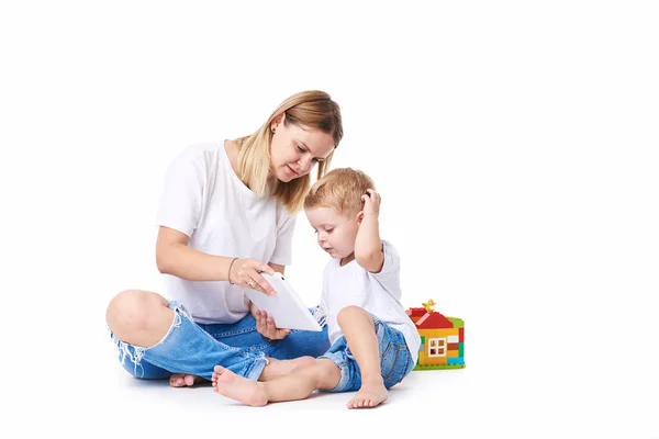 Motherhood Concept Young Mom Son Play Plastic Toys Cars Excited — Stock Photo, Image