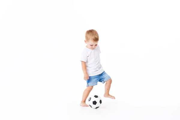 Kleine Schattige Jongen Babyjongen Jaar Oud Voetbalfan Wit Shirt Met — Stockfoto