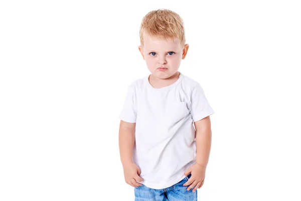 Niño Lindo Con Una Camiseta Blanca Concepto Bienes Promocionales Inscripciones — Foto de Stock