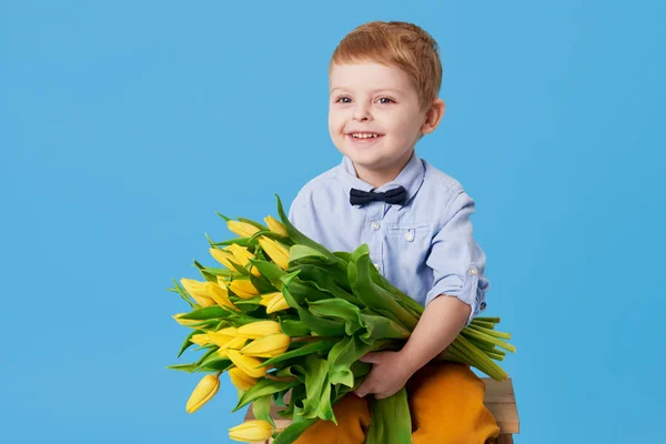 Cute smiling child with  spring flower bouquet looking at camera isolated on blue. Little toddler boy holding yellow tulips as gift for mom