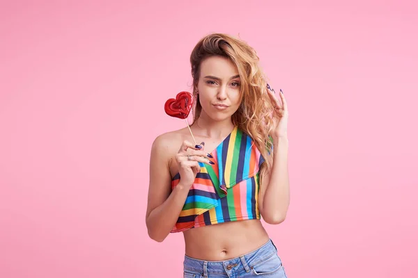 Sweet Candy Girl Colorful Dress Pink Background Studio Woman Holding — Stock Photo, Image