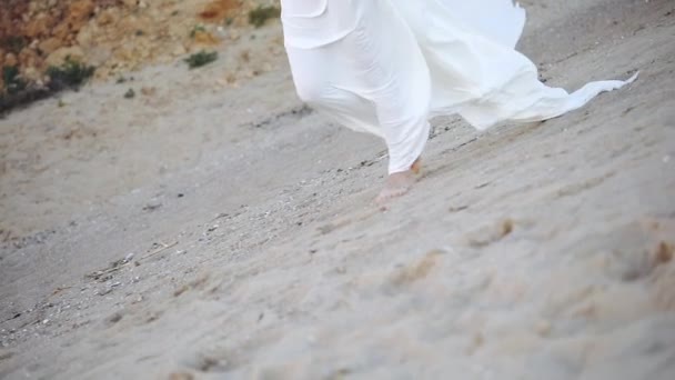 Graceful Young Lady Long Loose Skirt Walks Empty Sea Beach — Stock Video