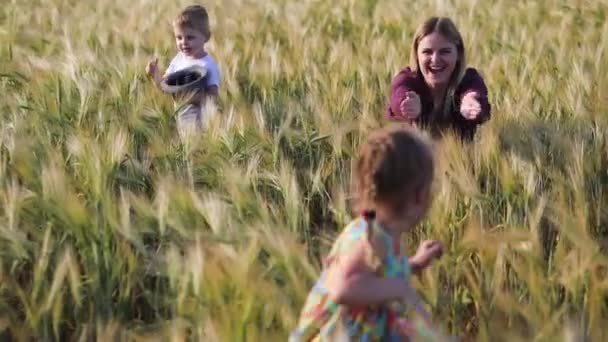 赤いドレスの幸せなアクティブな女性は 青い夏の空の下で小さな子供たちと高熟した小麦畑でリラックス — ストック動画