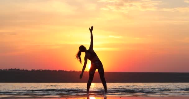 苗条的女士剪影在运动装站在海水伸展完美的身体对令人惊叹的日落背面视图 — 图库视频影像
