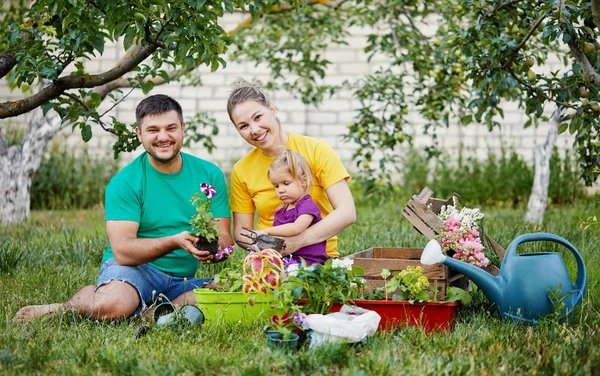 Happy Family Gardening Together Taking Care Nature Plant Sprouts Fertilize — Stock Photo, Image