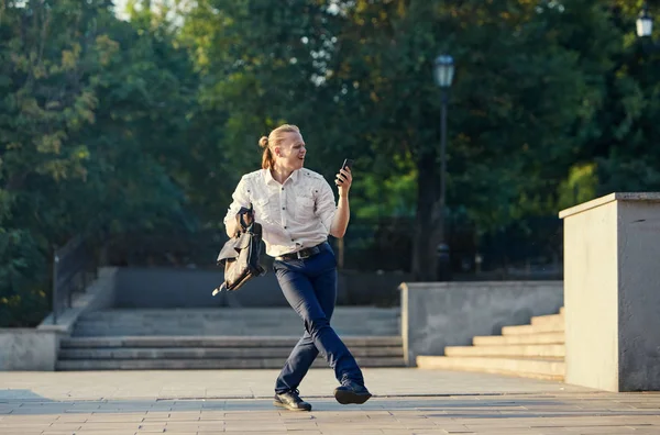 Crazy Young Businessman Dancing Street Bag Celebrating Victory Flexibility Grace — Stock Photo, Image