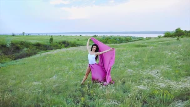 Metraje Hermosa Joven Bailando Campo Verde — Vídeos de Stock