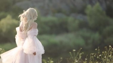 buğday tarlasında yürüyen elbiseli güzel genç kadının arka görüş görüntüleri