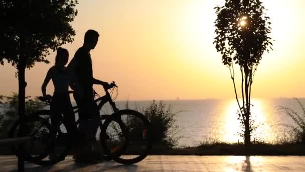 Man woman silhouettes with bicycles walk by sea at sunset — Stock Video