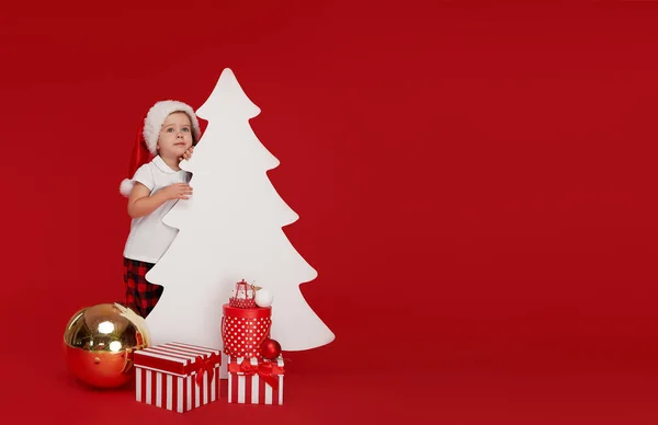 Niño Feliz Niña Santa Sombrero Asomándose Desde Detrás Pancarta Signos — Foto de Stock