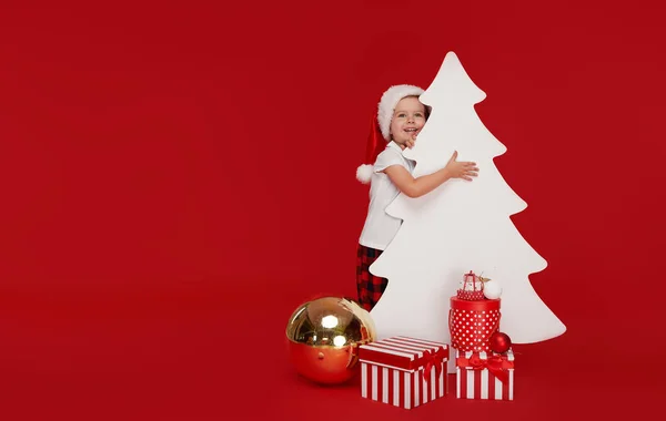 Niño Feliz Niña Santa Sombrero Asomándose Desde Detrás Pancarta Signos — Foto de Stock