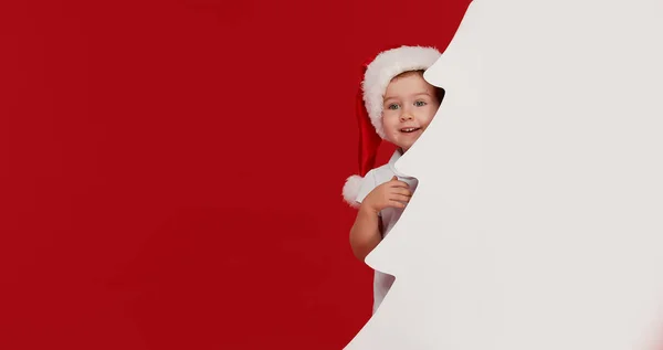 Happy Little Girl Child Santa Hat Peeking Blank Sign Banner — Stock Photo, Image